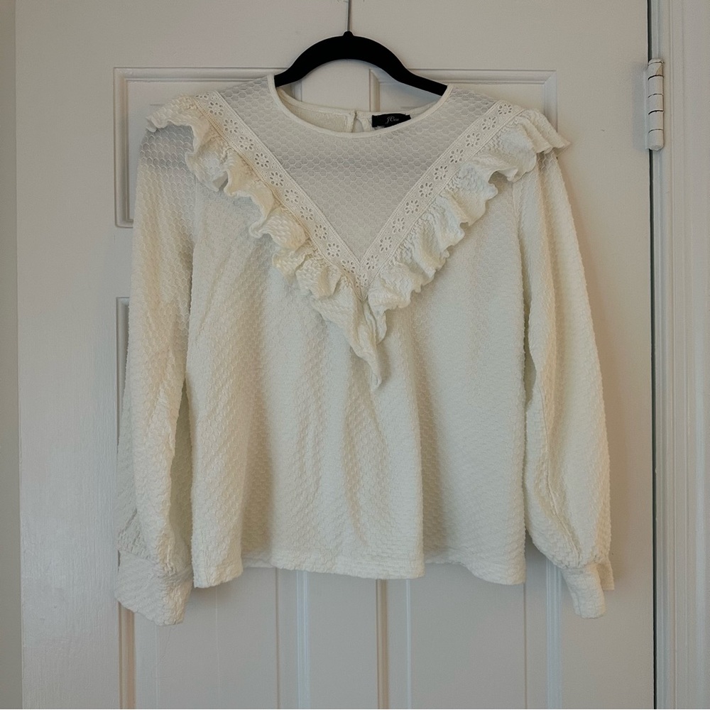 White/Cream Ruffle-trim honeycomb-knit cotton top size small